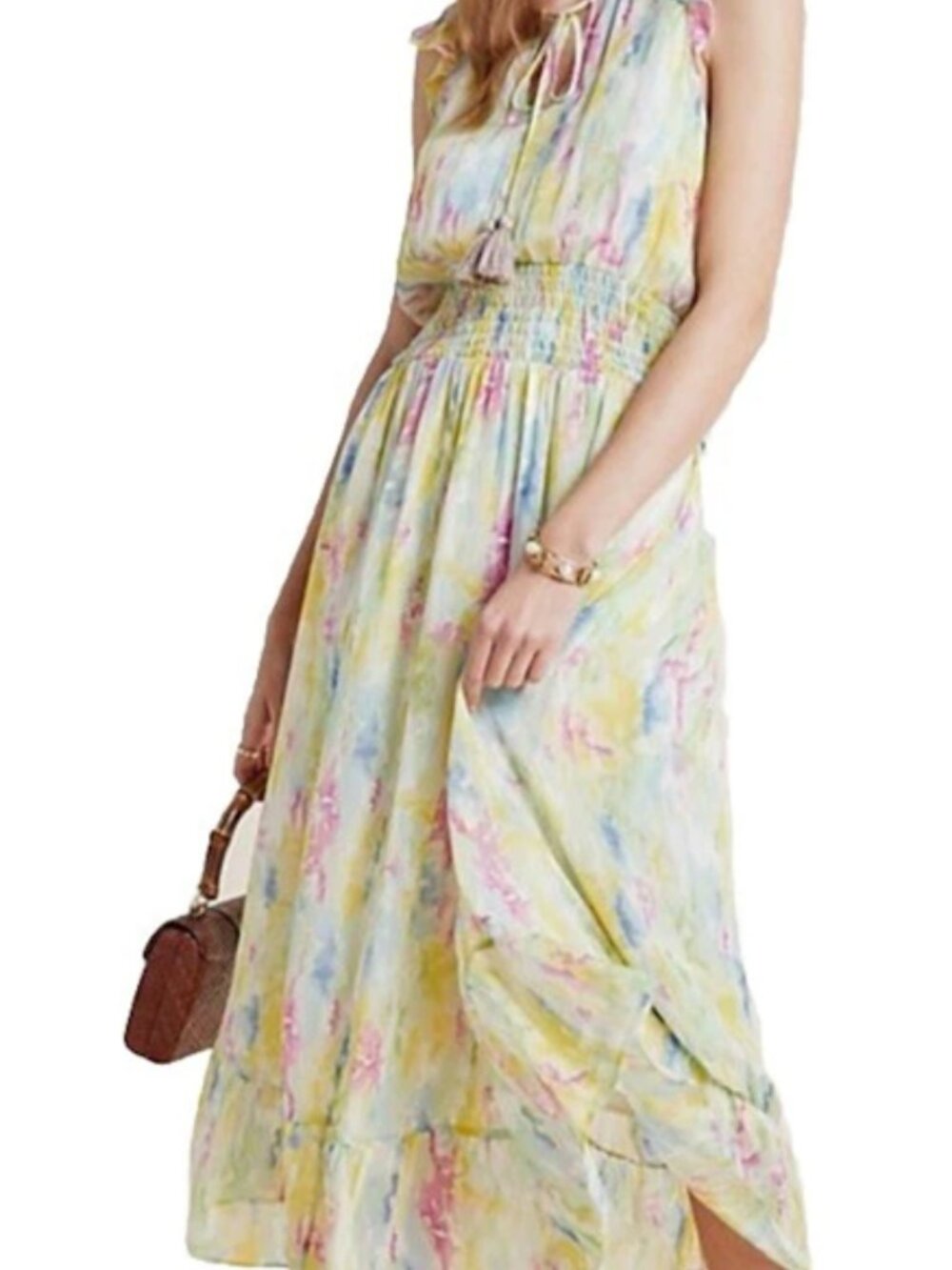 Anthropologie Pastel Floral Maxi dress Sleeveless Ruffle Trim Empire Waist Flowy
